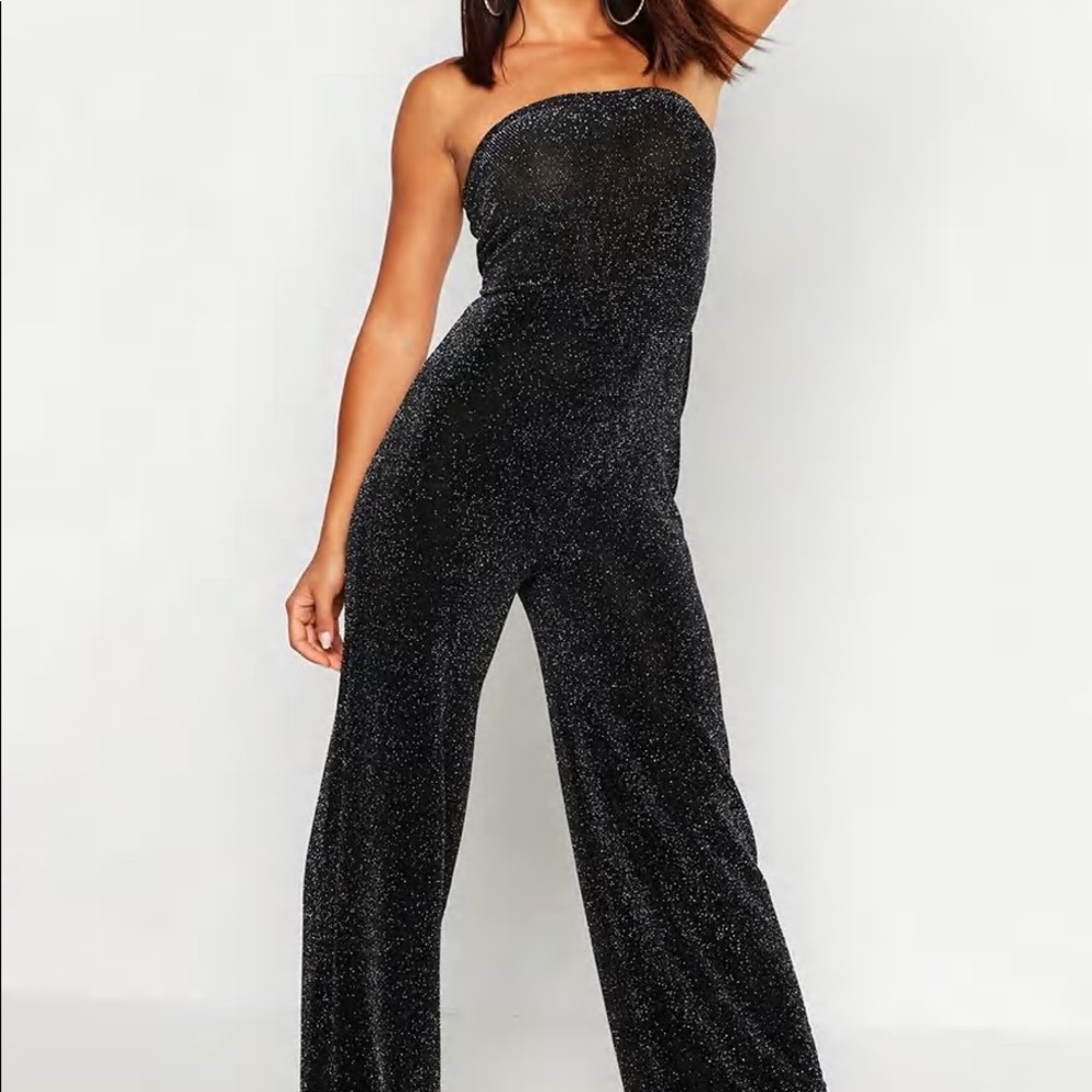 BooHoo Black Metallic Strapless Jumpsuit